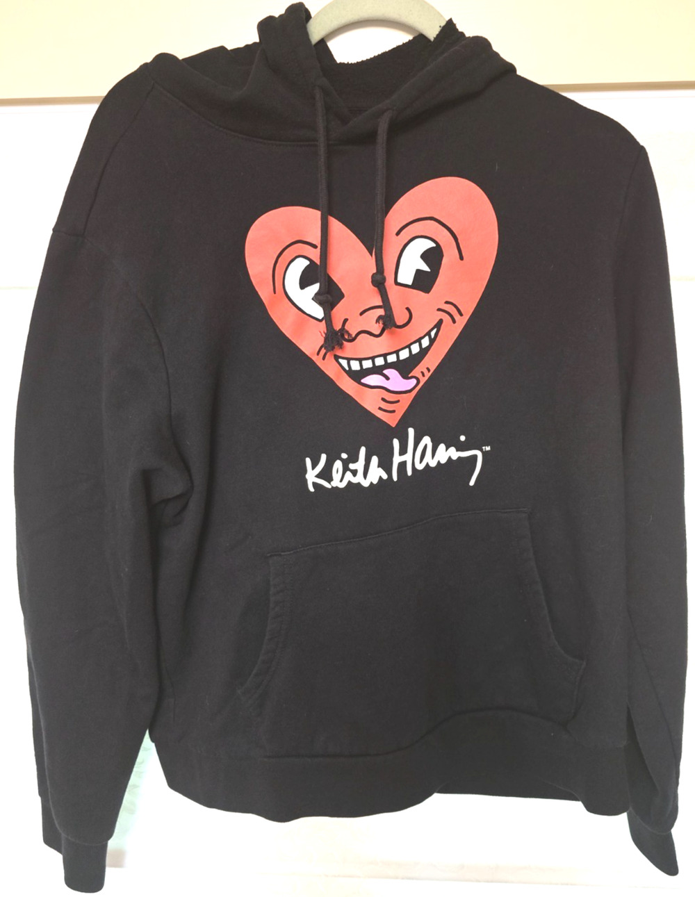 Old Navy Keith Haring Hoodie Adult Large Black Happy Heart Graphic Sweatshirt